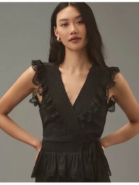 Anthropologie Black Lace-Trim Sleeveless Wrap Top
